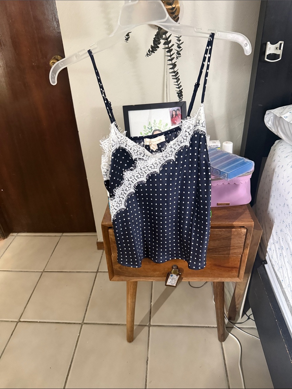 Monteau Navy Polka Dot Cami with White Lace Trim